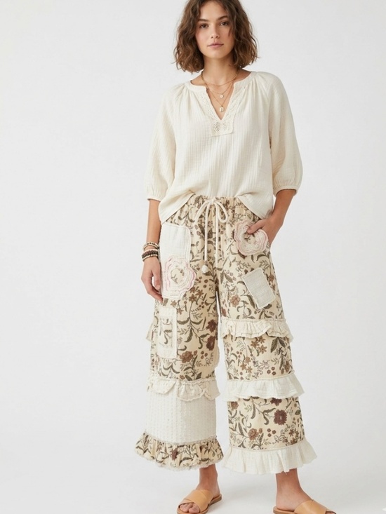 POL Pants - POL Woven Patchwork Floral Wide Leg Boho Cotton Pants Natural Cream Size Small